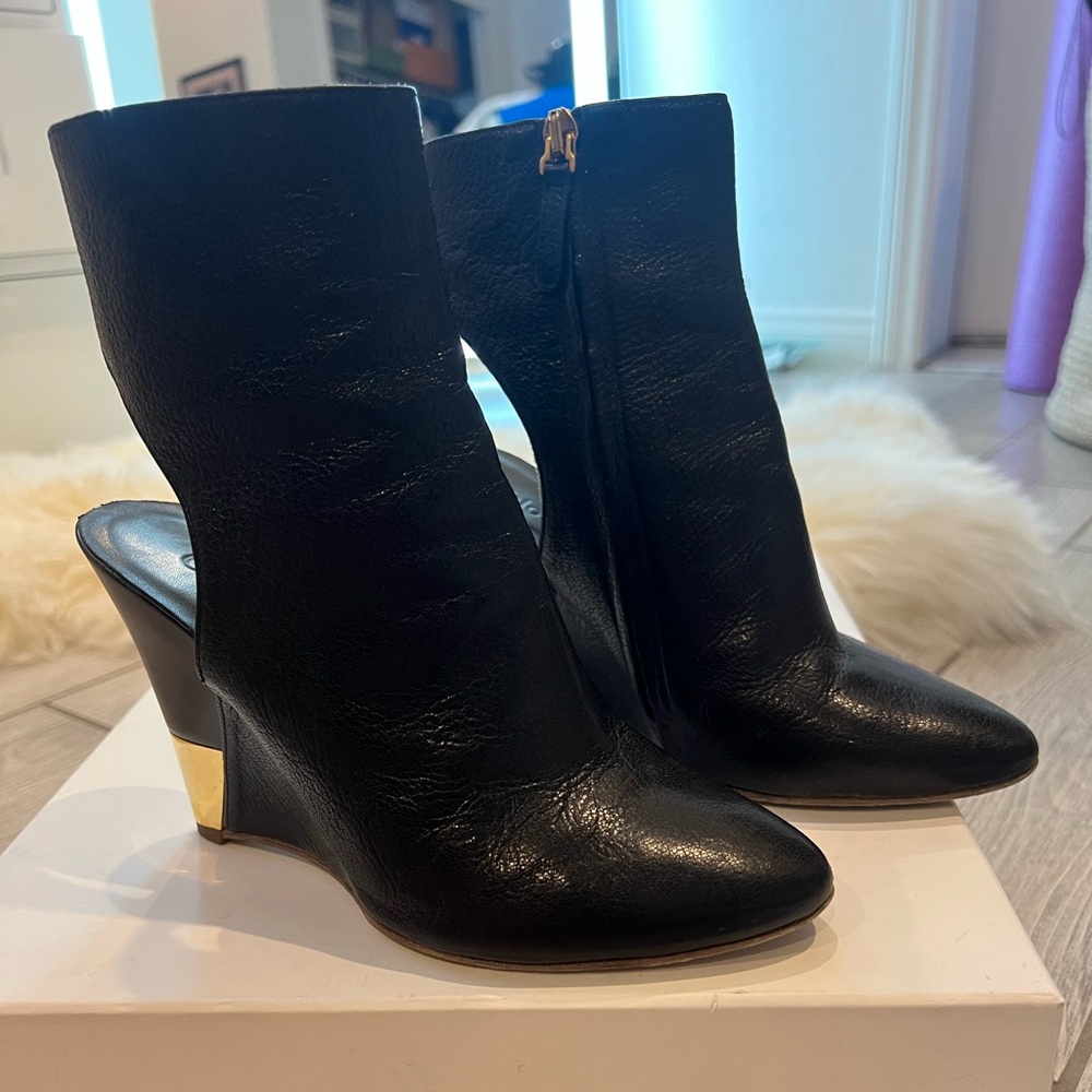 Chloe Cutout Leather Wedge Booties 36.5
